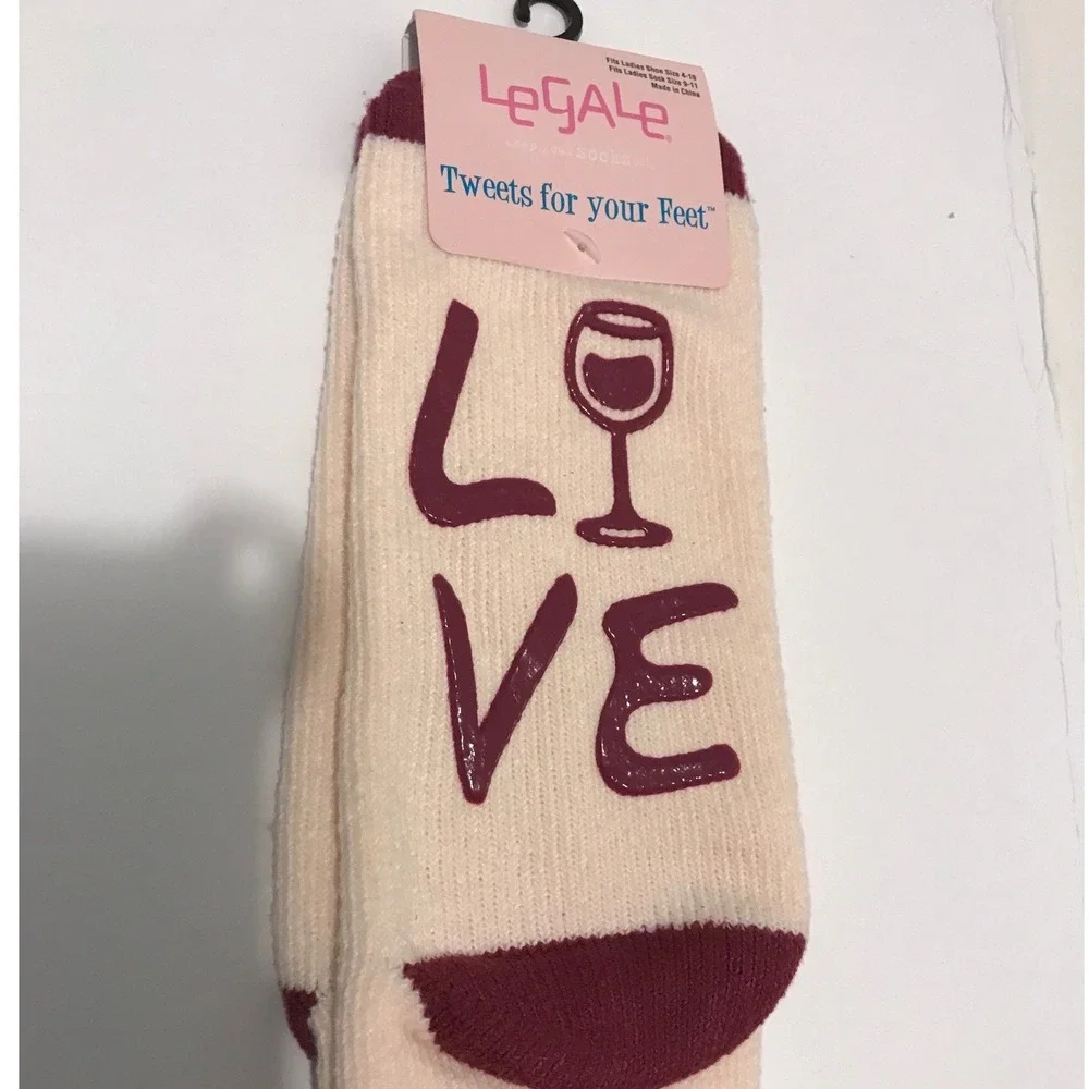 LeGale Pink Wine Glass Love Sherpa Lined Slipper Socks Non-Slip Grippers